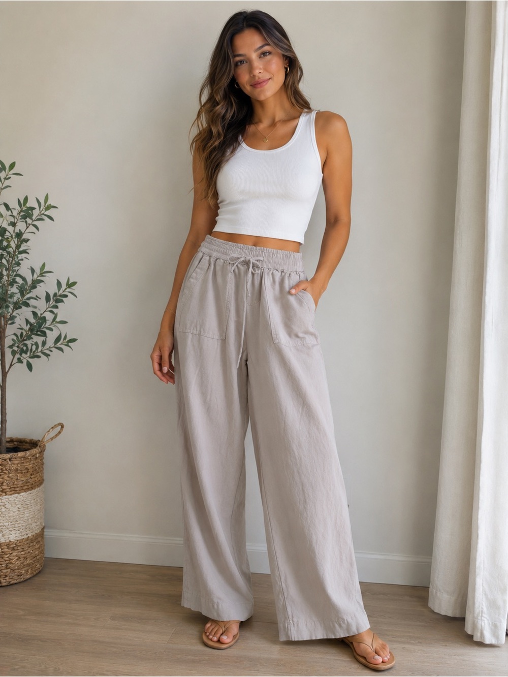Wonderly High-Rise Wide Leg Drawstring Pants - Taupe